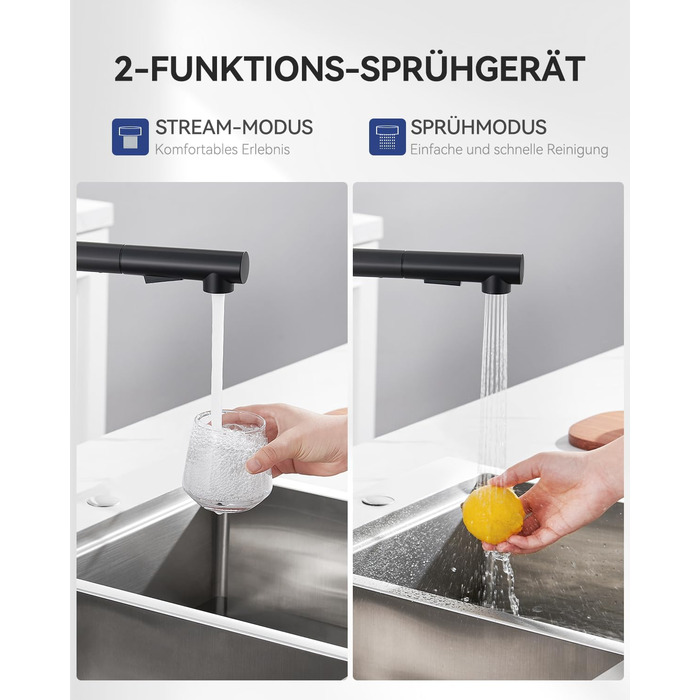 Змішувач кухонний висувний Sofetiy з душем, нержавіюча сталь, чорний, 360°