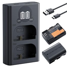 Акумулятор Canon LP-E6NH 2600mAh (2 шт.) з зарядним пристроєм (2 слоти) - сумісний з EOS R7, R5, R6, 5D II, III, IV, 6D, 6D II, 7D, 7D II, 60D, 70D, 80D, 90D