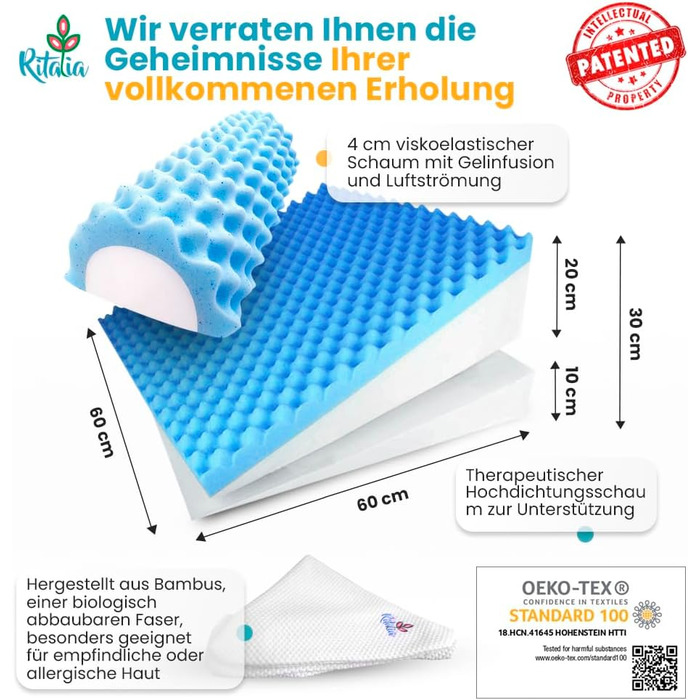 Подушка-валик Ritalia® з роликом для шиї, розмір 60x60x30 см. Підтримка спини, колін, ніг, для дивану та крісла. X-Large