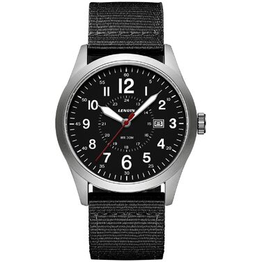 Годинник чоловічий LN LENQIN Military 30M водостійкий з датою, кварцовий, тактичний, на текстильному ремінці (чорний/сріблястий)