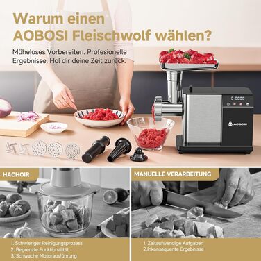 AAOBOSI Electric Meat Grinder - 3000W, LED Display, 3 Speeds, Anti-Clogging, Sausage Maker & Kibbeh Maker - Stainless Steel for Home Use