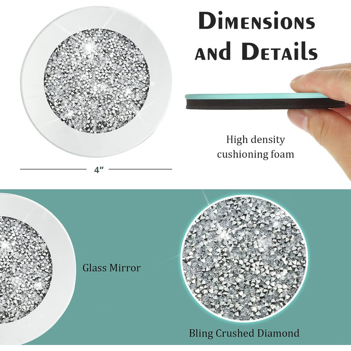 7-Piece Glass Coaster Set, 6 Crystal Coasters with Holder for Drinks, Silver, Glitter, Table, Bar Accessories (round)