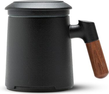 ZENS Teacup with Lid and Infuser, 360 ml Wooden Handle Tea Cup with Tea Strainer and Lid for Loose Leaf Tea, Matte Ceramic Tea Cups Gifts for Tea Lovers, Hand-Sprayed Black Glaze