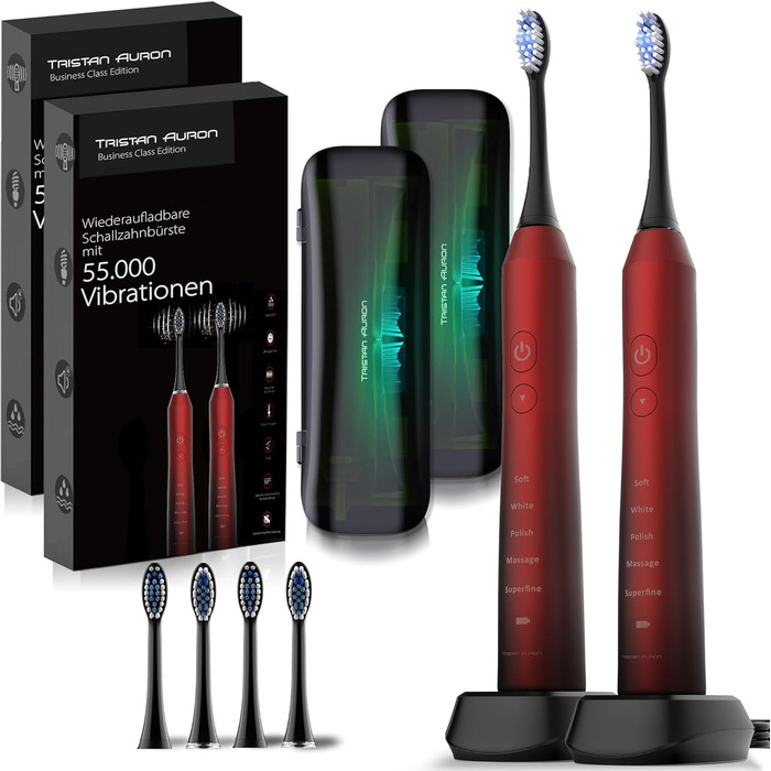 Електрична зубна щітка Tristan Auron Doppelpack 55000 VPM з UV-кейсом, 60 днів акумулятора, 5 режимів чищення, IPX7 водонепроникність, зарядний пристрій (Чорний+Рожевий)