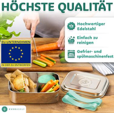 Бенто-бокс Everusely 0,8 л з нержавіючої сталі з контейнером для спецій - ланчбокс з 3 відділеннями (зелений)