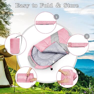 Zusentee 3-4 Season Sleeping Bag - Waterproof, Lightweight & Warm for Adults & Kids Camping, Hiking & Travel (Pink/Gray)