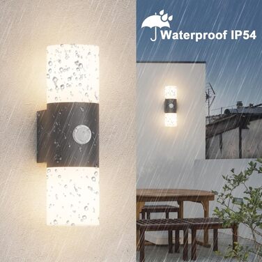 Klighten Wall Lights E27 Outdoor/Indoor, 2-Light Up and Down Outdoor Lamp, Outdoor Light Fixture, IP54 Outdoor Lamp, Aluminum Modern Outdoor Wall Lamp, Wall Lamp for Entrance Terrace, without Bulb (Dark Grey, with Motion Sensor)