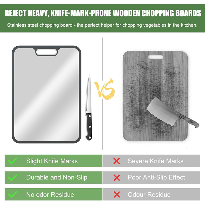 Нінджер Двостороння кухонна дошка для нарізання з нержавіючої сталі 304 та PP, для м'яса, овочів та хліба, легко миється, з ножем (38 × 27 см)