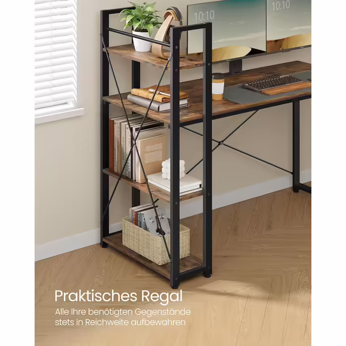 VASAGLE Desk, Computer Table with Shelves on the Right or Left, 137.2 cm Wide Office Desk, for Study Room, Home Office, Easy Assembly, Vintage Brown-Black LWD049B01