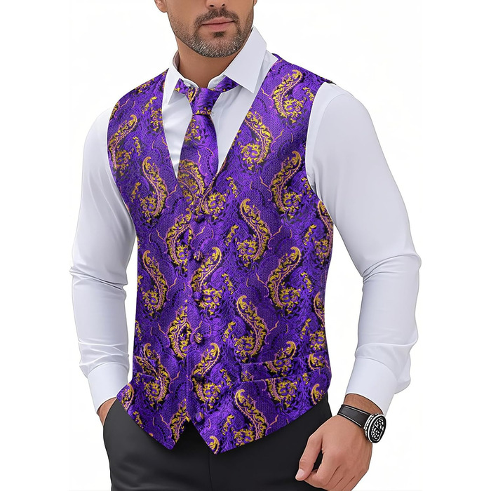 Костюмний жилет з краваткою Hi-Tie для чоловіків. Комплект з краваткою, краваткою-скрепкою та нагрудником. Ідеально для весілля, формальних заходів та смокінгу. Колір: фіолетовий та золотий.