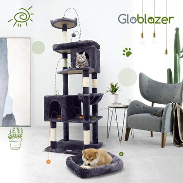 Драбина-кіготь для великих котів Globlazer, 183 см, з будиночком, платформою та кошиком, стійка, товстий стовп, для Мейн-куна, Британської короткошерстої, XXL, темно-сірий