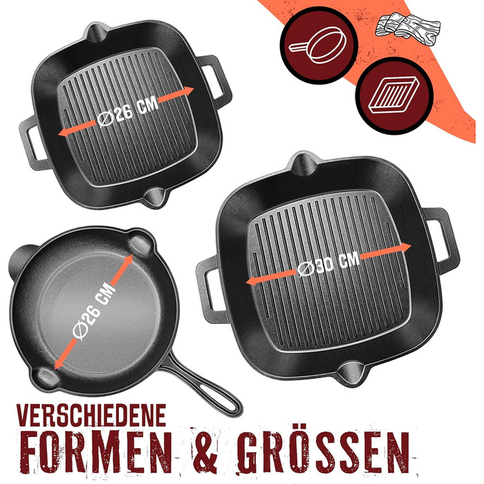Чавунна сковорода-гриль KESSER® для індукції, газу, духовки, вугілля 26 см з захисними ручками, кулінарною книгою та очисником для кілець