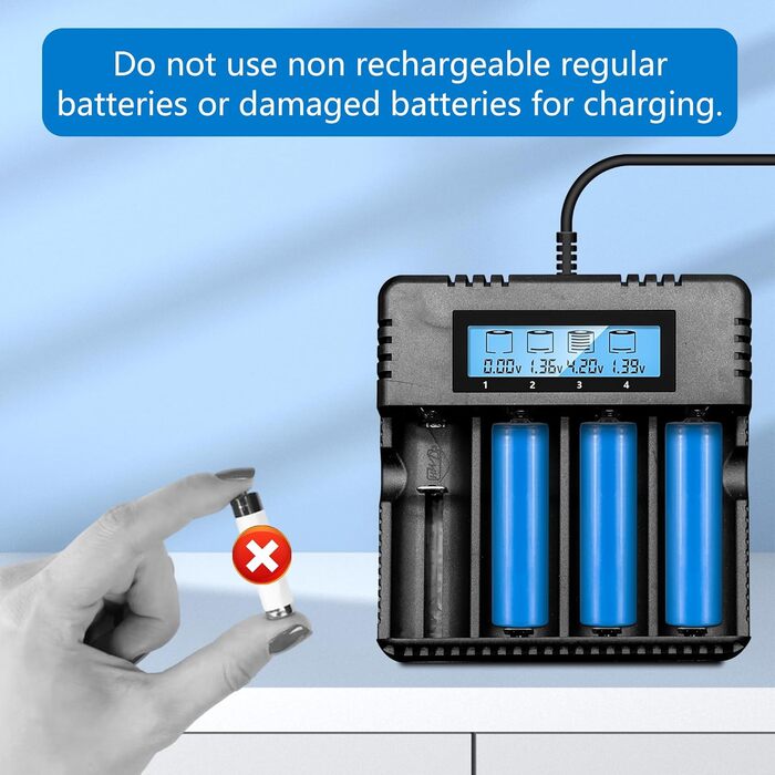 Зарядний пристрій для акумуляторів Li-Ion з LCD-дисплеєм: швидка зарядка 4 слоти, сумісний з 26650/18650/14500/16340