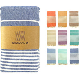 Великий бавовняний рушник для пляжу MOMOMUS Fouta XXL 200x200 см з китицями, синій