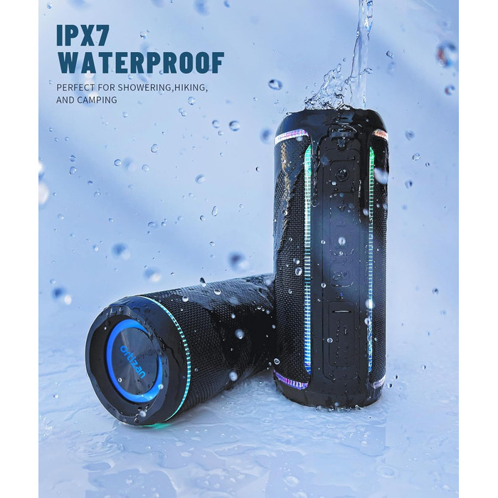 Ortizan Bluetooth колонка з LED підсвіткою, 40 Вт, IPX7 водонепроникна, 30 год роботи, чорна