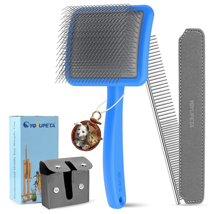Набір щіток та гребінців для собак та котів з довгим хутром – Slicker Brush & Comb Set – 25 мм нержавіючі шпильки проти підшерстка та ковтунів – дерев'яний руків'я та шкіряний чохол – ідеально для Голден Ретріверів та Мейн Кунів (Блакитний)