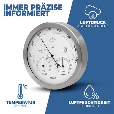 MAVORI® Weather Station Analog - 3in1 Barometer, Hygrometer & Thermometer for indoor and outdoor use - Ø 13.5cm stainless steel frame with acrylic glass in a modern design - Includes thermometer & hygrometer