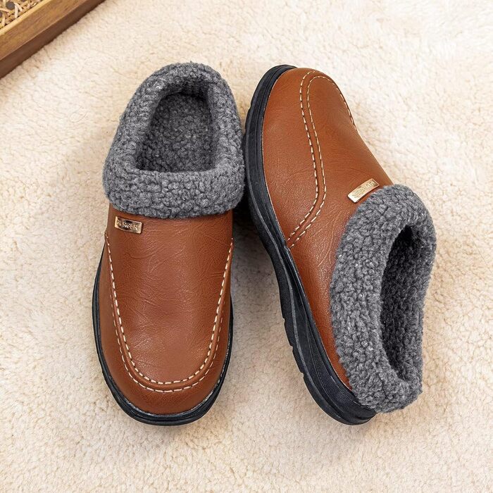 Чоловічі домашні тапочки Leder Hausschuhe Warm Plüsch Gefüttert Winter Pantoffeln, червоно-коричневі (43 EU)