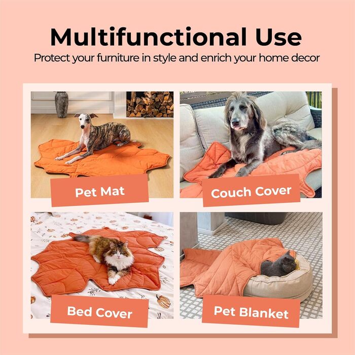 М'який килимок для собак та котів FUNNY FUZZY з дизайном листя, двосторонній, для ліжка, дивану, підлоги, захист меблів, гінкго-жовтий (клен-червоний)