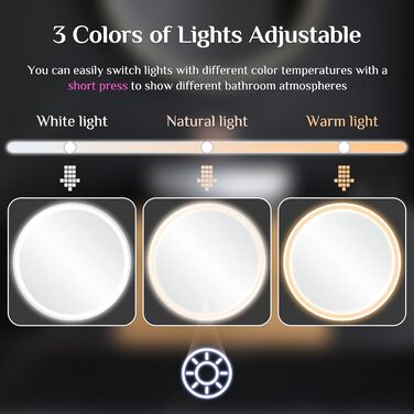 Круглий дзеркало для ванної кімнати Clevich з підсвічуванням, 80 см, сенсорне управління, протитуманне покриття, 3 кольори світла, регулювання яскравості