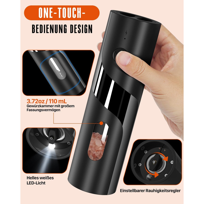 Електричний набір млинків для солі та перцю Homtronic, 2 шт, 110 мл, чорний