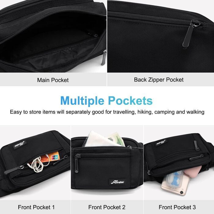 Чоловіча/жіноча поясна сумка-бананка з дощовиком, велика, з нейлону, 5 відділень на блискавці, для туризму, спорту, прогулянок з собакою (Чорна)