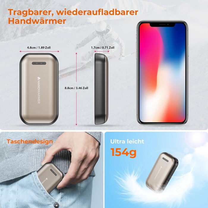 Електричний гріє для рук 2 шт. – 6000mAh, магнітний, USB-C, 3 рівні нагріву до 55°C, для активного відпочинку, кемпінгу, гольфу, синдром Рейно