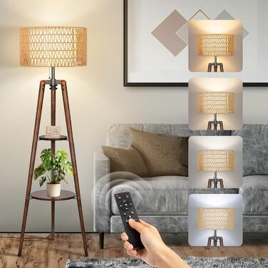 LED торшер Outon з трьома ніжками, регульована яскравість, полиця, пульт дистанційного керування, 4 режими кольору, таймер, 2 плафона, для вітальні/спальні (волоський горіх)