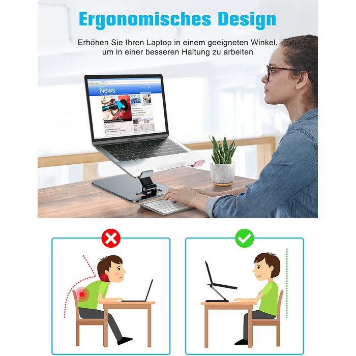 Підставка для ноутбука Babacom, регульована по висоті, складна, з алюмінієвого сплаву, ергономічна, з вентиляцією, сумісна з MacBook Air, Pro та іншими ноутбуками 10-16' (сіра)