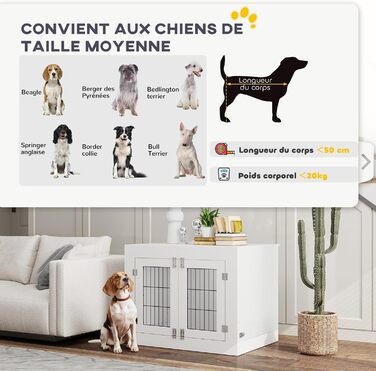 PawHut Будка для собак, дерев'яна, з 2 обертовими мисками, 2 двері, столиком, для собак середніх порід до 20 кг, 80 x 60 x 63 см, біла