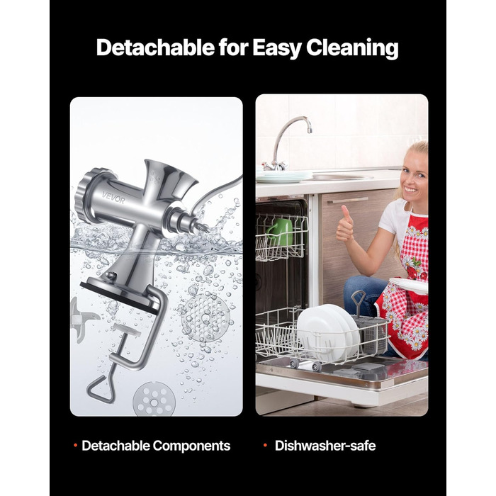 М'ясорубка ручна VEVOR 304 нержавіюча сталь, диски 4.5/8 мм, для фаршу та ковбас, срібляста