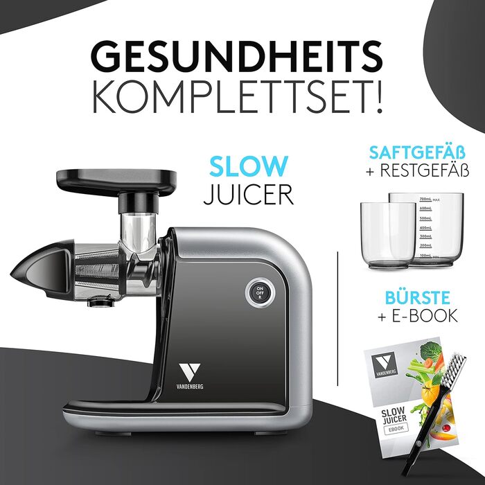 Vandenberg Slow Juicer - повільний відцентровий соковичавник для овочів та фруктів, 150W, з функцією реверсу, BPA Free