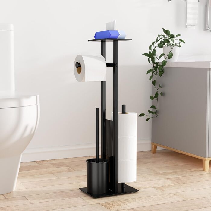Stainless Steel Toilet Paper Holder with Brush - Standing Toilet Paper Roll Holder with Tray and Glass Shelf (Matte Black)