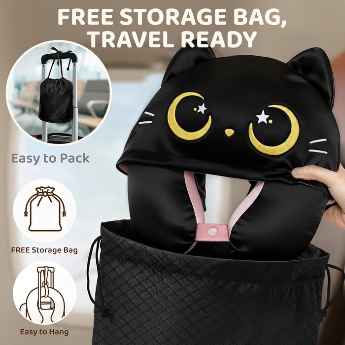 Подушка для шиї Mewaii з капюшоном, двостороння, для дітей та дорослих, милий дизайн котика, захист приватності, м'яка піна Memory Foam, подушка для подорожей на літаку та в авто (Рожева)