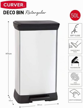 Сміттєвий кошик Curver Deco Bin Metallic's на 50 л з педаллю, пластиковий, сріблястий