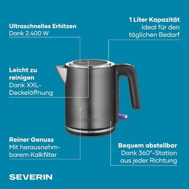 Електричний чайник SEVERIN WK 3489, 1 л, чорний/нержавіюча сталь, з індикатором рівня води та фільтром від накипу