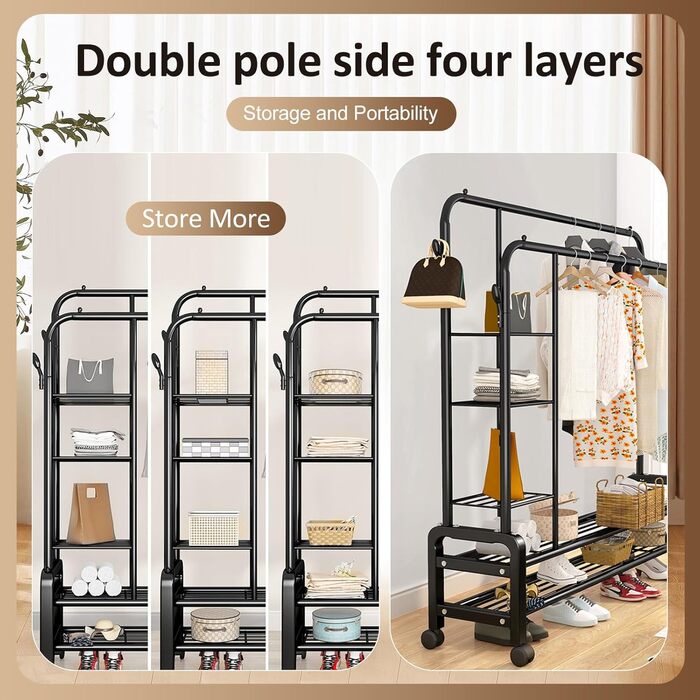 Clothes rack, clothes rod, rolling clothes rack, rolling clothes rod, stable clothes rack, black clothes rack, clothes rack with wheels and two clothes rods (Black)