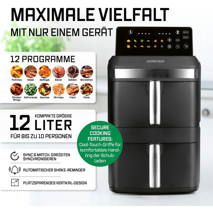 Фритюрниця повітряна GOURMETmaxx 4.5L з цифровим дисплеєм, 1400W, автоматичне вимкнення, захист від перегріву, миється у посудомийній машині, чорний (2x6L)