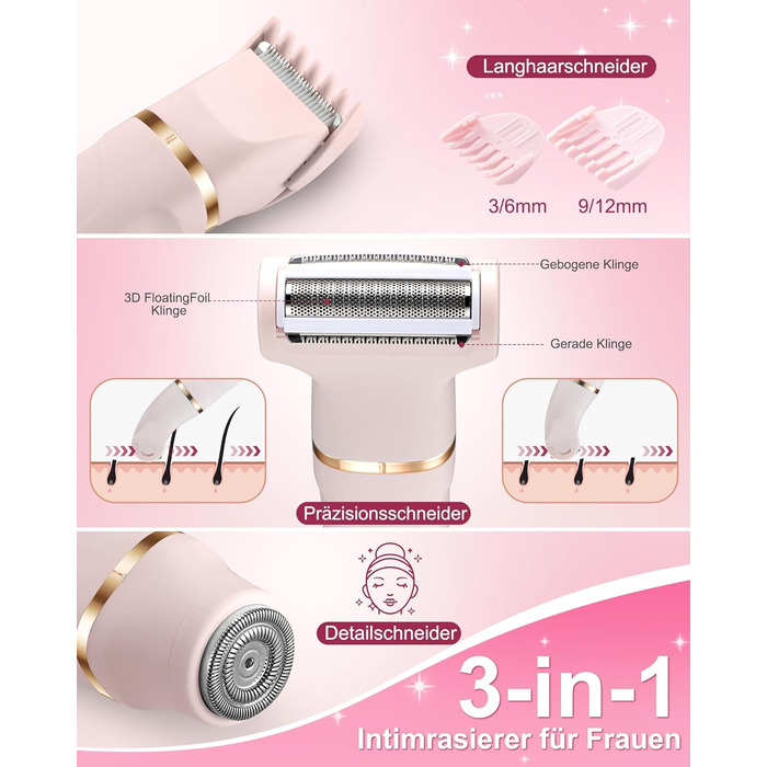 Електричний жіночий тример 3-в-1 для тіла та обличчя, водонепроникний, рожевий