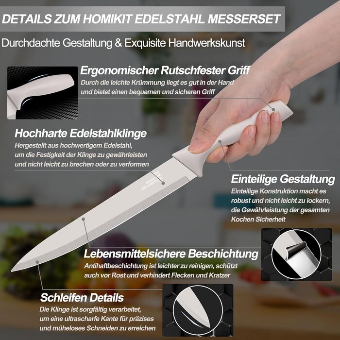 Набір кухонних ножів Homikit, нержавіюча сталь, 6 предметів, з захисним чохлом. Включає: кухарський ніж, ніж для м'яса, ніж для хліба, універсальний ніж, ніж для очищення овочів, сатокі. Антипригарне покриття, Khaki