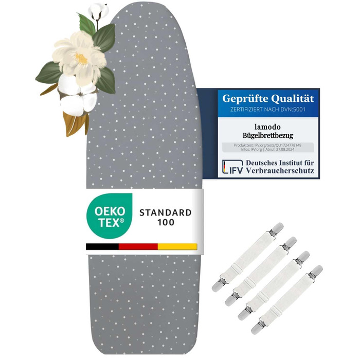 Чохол для прасувальної дошки 120x40 см - бавовна 100%, підходить для парової праски, товста підкладка, гумка та фіксатор, сірий/точки M