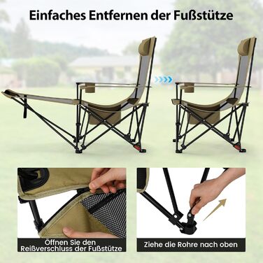 Крісло для кемпінгу та риболовлі Costway з підставкою для ніг, регульованою спинкою, підголівником, тримачем для напоїв та бічною кишенею, складане, хакі