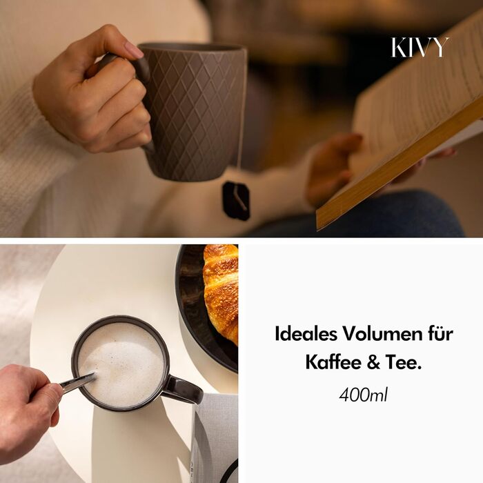 Набір кавових чашок KIVY 6 шт. по 400 мл - великий набір кави, чайний набір, керамічні чашки, кавоварки, набір чашок (пастельно-бежевий)