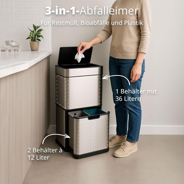 Сортувальний відро для сміття FLINQ Senzaro Sensor 3 відділення (2x12л + 36л) - 60л, нержавіюча сталь, автоматичне відкриття, для кухні