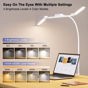 LED лампа настільна EppieBasic з кріпленням, 24W, 3 насадки, регулювання яскравості, для офісу та дому, 1200LM, захист очей, гнушкий шийний механізм, 4 режими температури кольору, таймер 30 хв