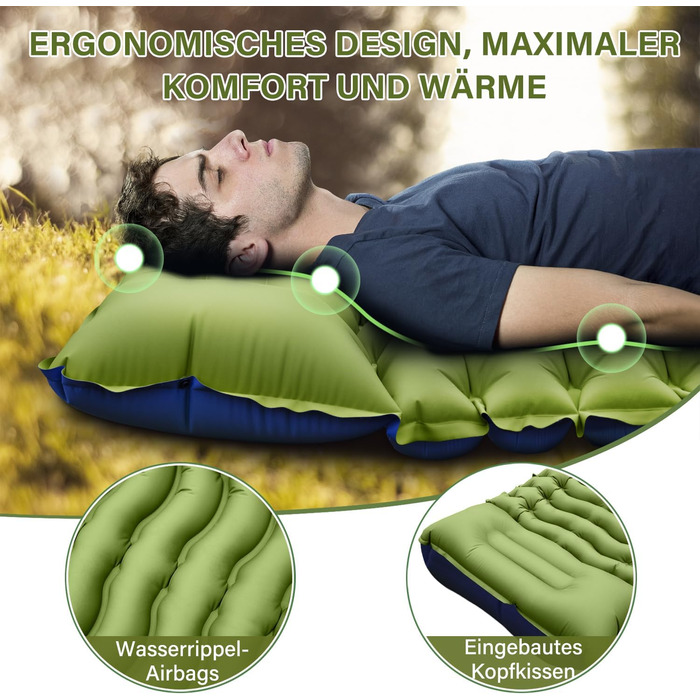 Isomatte кемпінгова самонадувна, надувний килимок для кемпінгу з насосом-пресом та подушкою, компактна та легка, для відпочинку на природі, зелено-блакитна