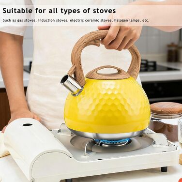 Чайник-свисток з нержавіючої сталі 3L, сумісний з усіма плитами, для чаю та кави, жовтий