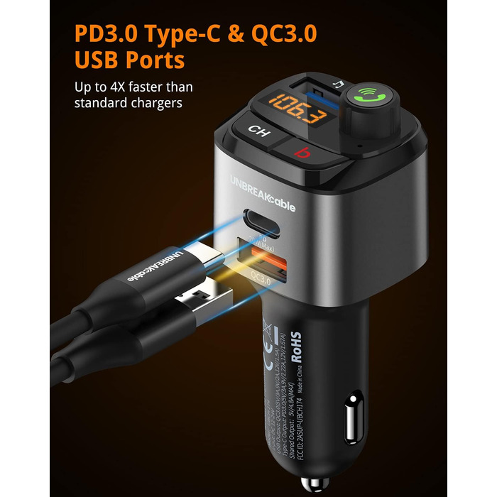 Bluetooth FM-трансмітер UNBREAKcable для авто, адаптер з зарядкою PD3.0 і QC3.0, підсилювач басів, гучний зв'язок, підтримка Siri та Google Assistant
