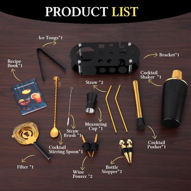 Коктейльний набір 14 предметів з підставкою, 700 мл, золотий – для барменів та початківців