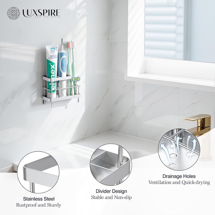 Тримач для зубних щіток Luxspire, нержавіюча сталь, електричний, настінний без свердління, з дренажними отворами для органайзера пасти, 6 відділень (матова срібляста)
